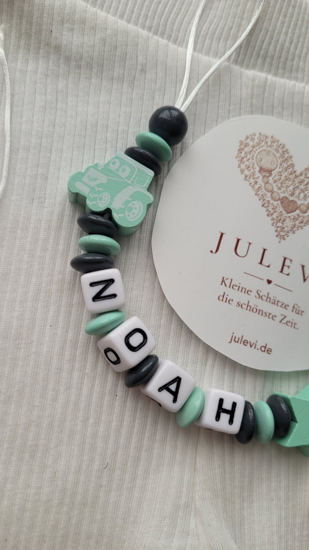 Kinderwagenkette & Schnullerkette Set mit Namen Traktor mint grau| personalisiert