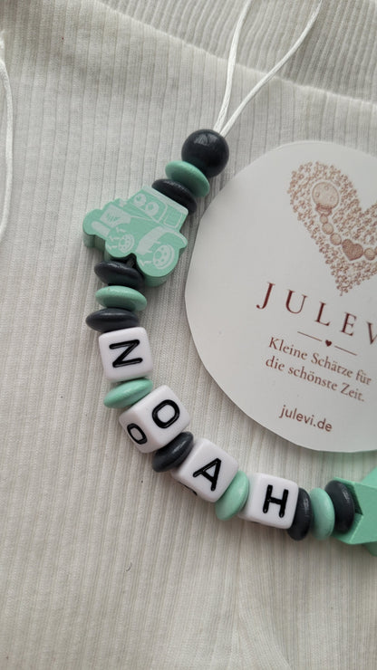 Kinderwagenkette & Schnullerkette Set mit Namen Traktor mint grau| personalisiert