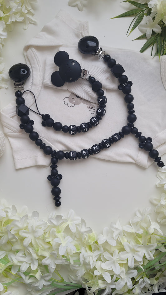 Kinderwagenkette & Schnullerkette mit Namen Maus Black Silikon