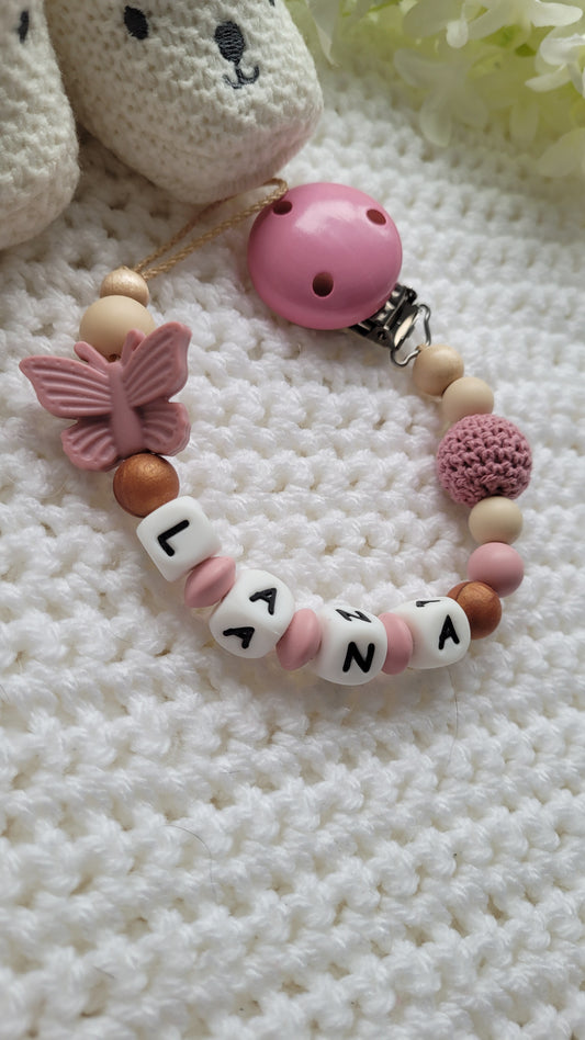 Schnullerkette mit Namen für Mädchen Schmetterling Beige rose