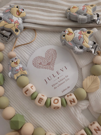 3er Set Schnullerkette Kinderwagenkette & Greifring mit Namen Hase Grün Beige