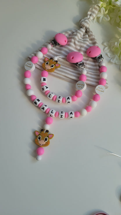 3tlg.Set Schnullerkette Kinderwagenkette & Greifring Giraffe pink
