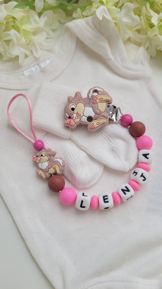 Schnullerkette mit Namen für Mädchen  Hase braun pink