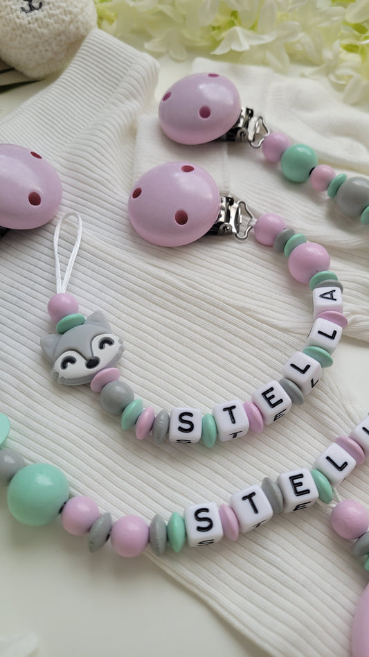 Schnullerkette mit Namen für Mädchen Fuchs rosa grau mint