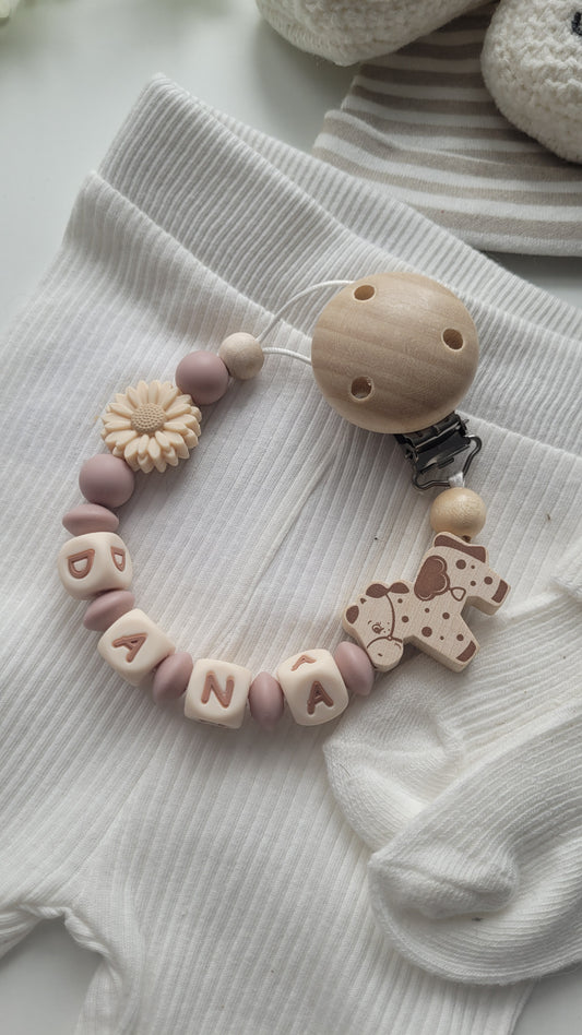Schnullerkette mit Namen für Mädchen Pferd & Blume