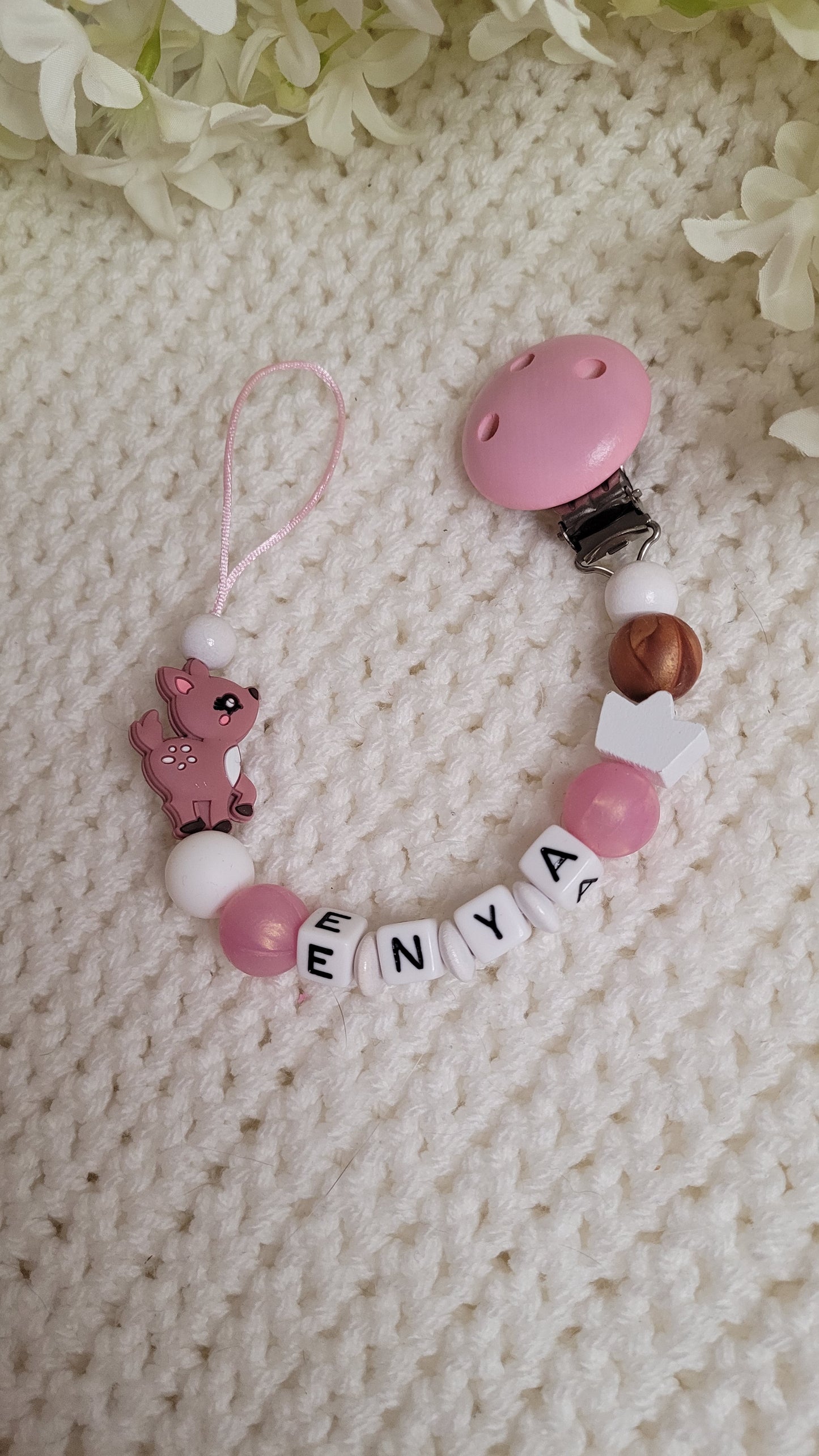 Schnullerkette mit Namen für Mädchen Reh rosa rosegold