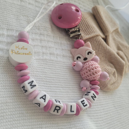 Schnullerkette mit Namen für Mädchen Kleine Prinzessin & Fuchs rosa pink
