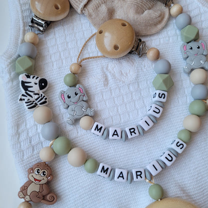 Kinderwagenkette & Schnullerkette mit Namen Safari beige grün