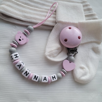 Schnullerkette mit Namen für Mädchen Herz & Teddy rosa grau