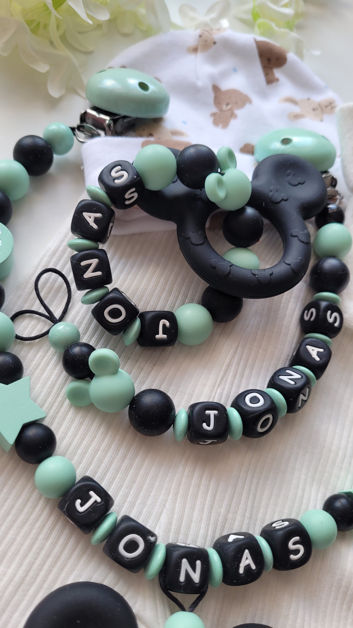 3er Set Schnullerkette, Kinderwagenkette & Greifring mit Namen Maus | mint türkis | JULEVI