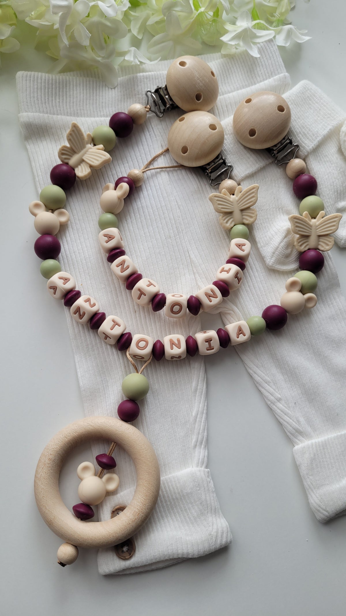 Kinderwagenkette & Schnullerkette Set mit Namen Maus Schmetterling brombeer beige grün Silikon Holz | personalisiert