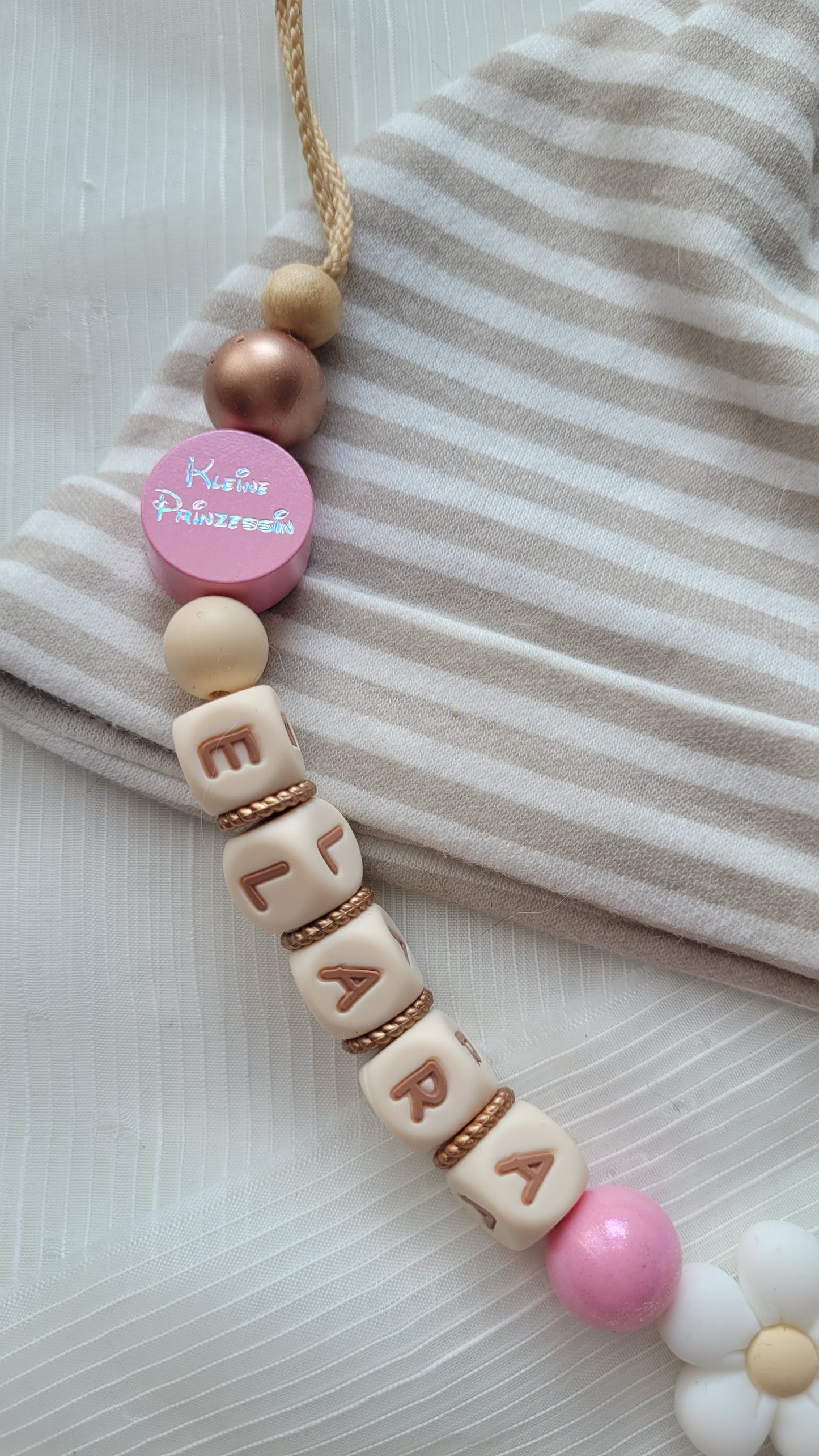 Schnullerkette mit Namen für Mädchen Kleine Prinzessin & Blume blush beige