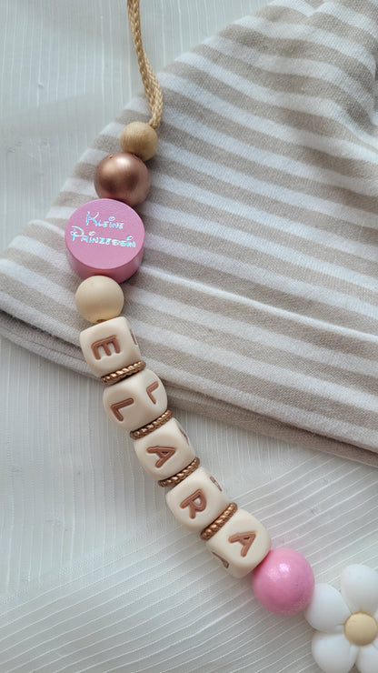 Schnullerkette mit Namen für Mädchen Kleine Prinzessin & Blume blush beige
