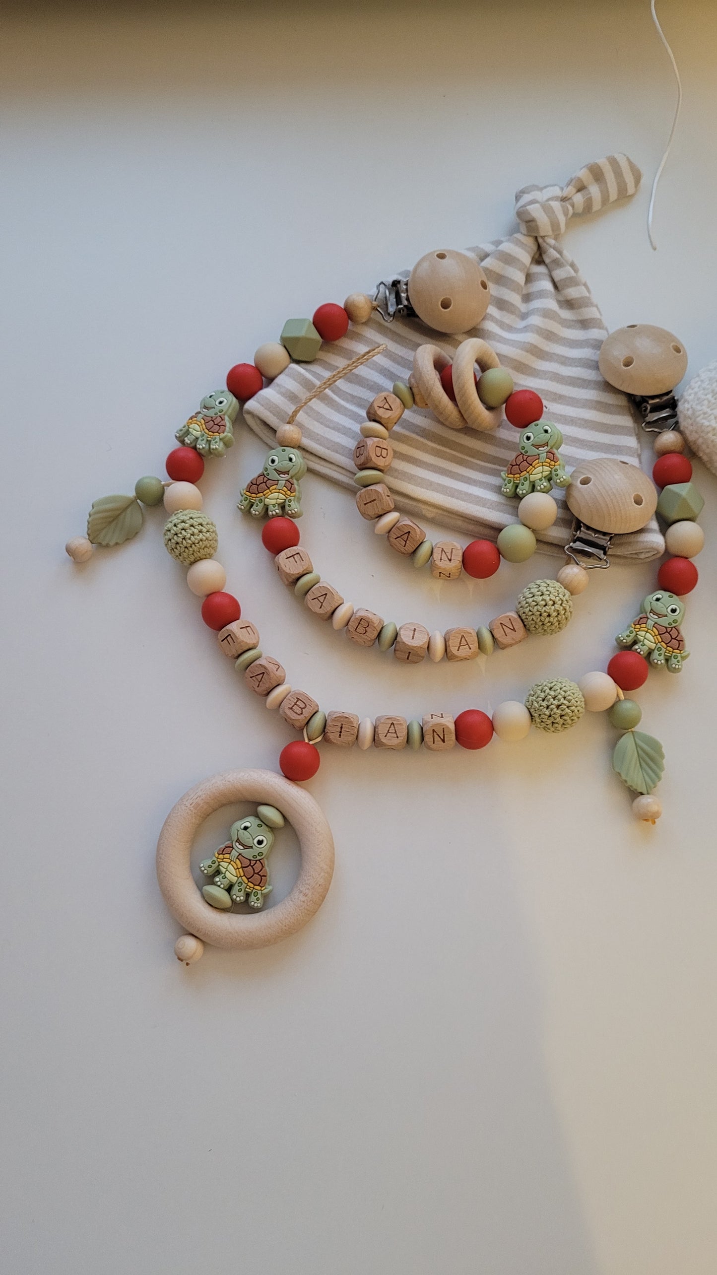 Schnullerkette Kinderwagenkette & Beissring mit Namen Schildkröte beige rost grün