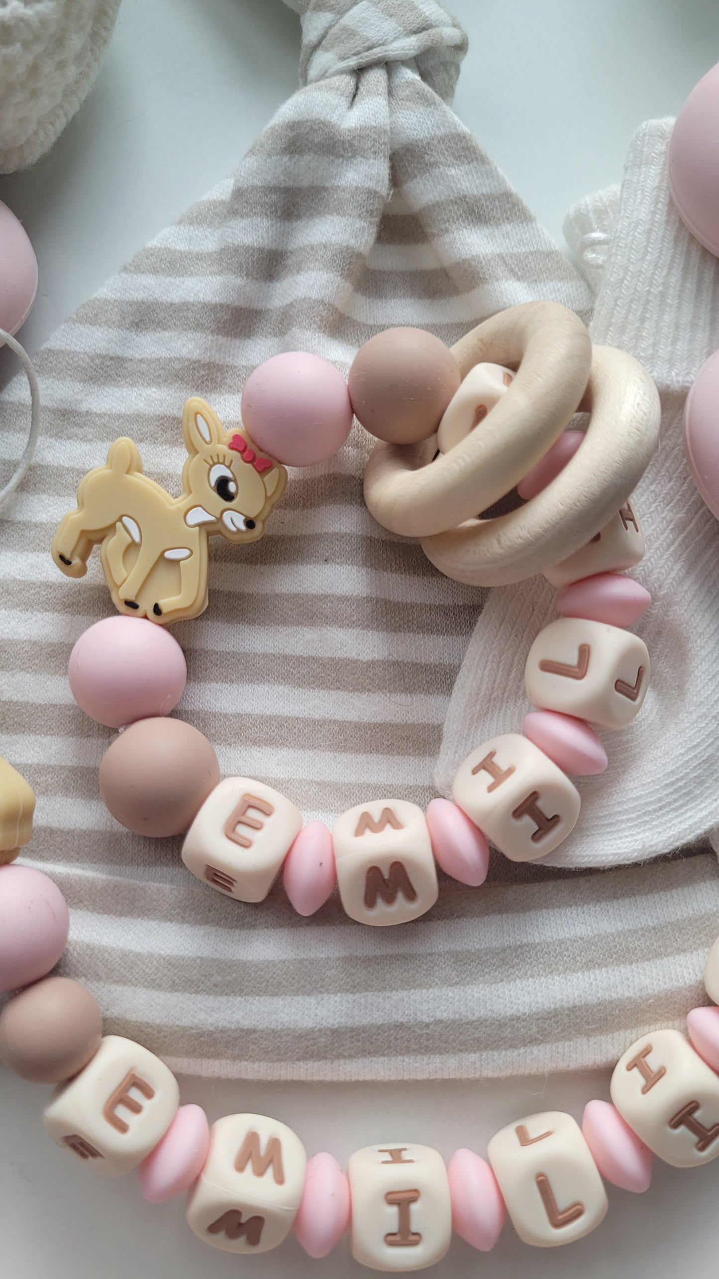 3er Set Schnullerkette Kinderwagenkette & Beissring mit Namen Reh & Schmetterlinge rosa taupe