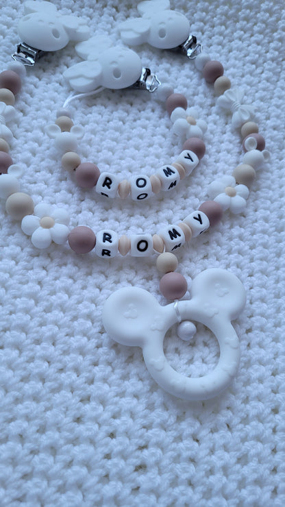 Kinderwagenkette & Schnullerkette *Minnie Prinzessin* beige weiss