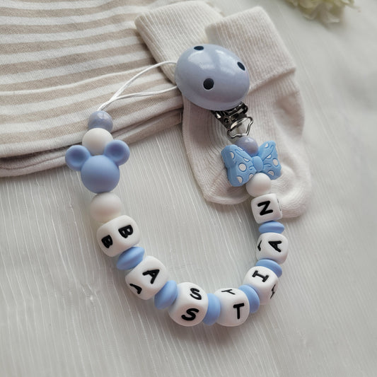 Schnullerkette mit Namen für Jungen Maus & Schleife blau
