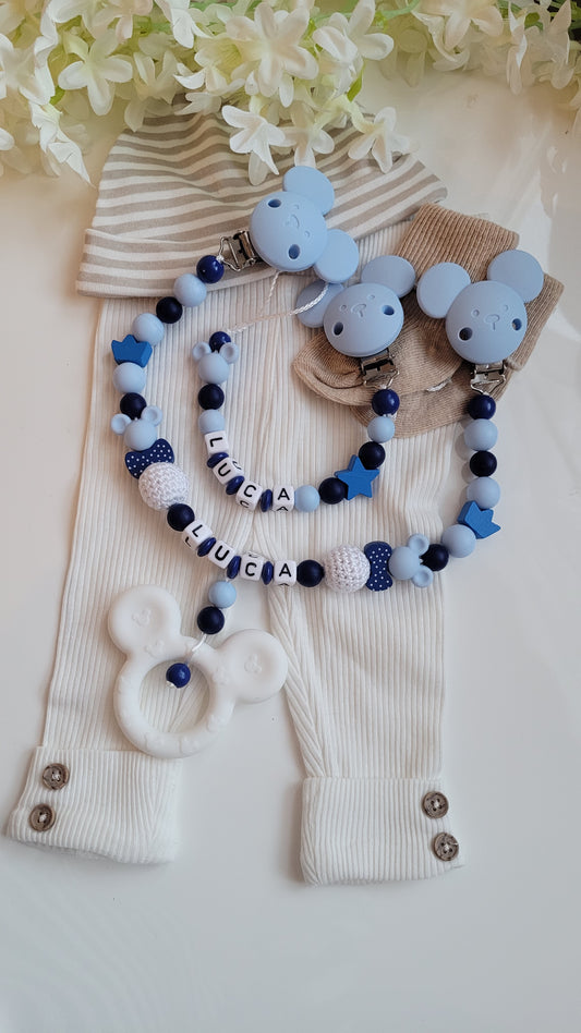 Kinderwagenkette & Schnullerkette mit Namen *Maus*  hellblau marine