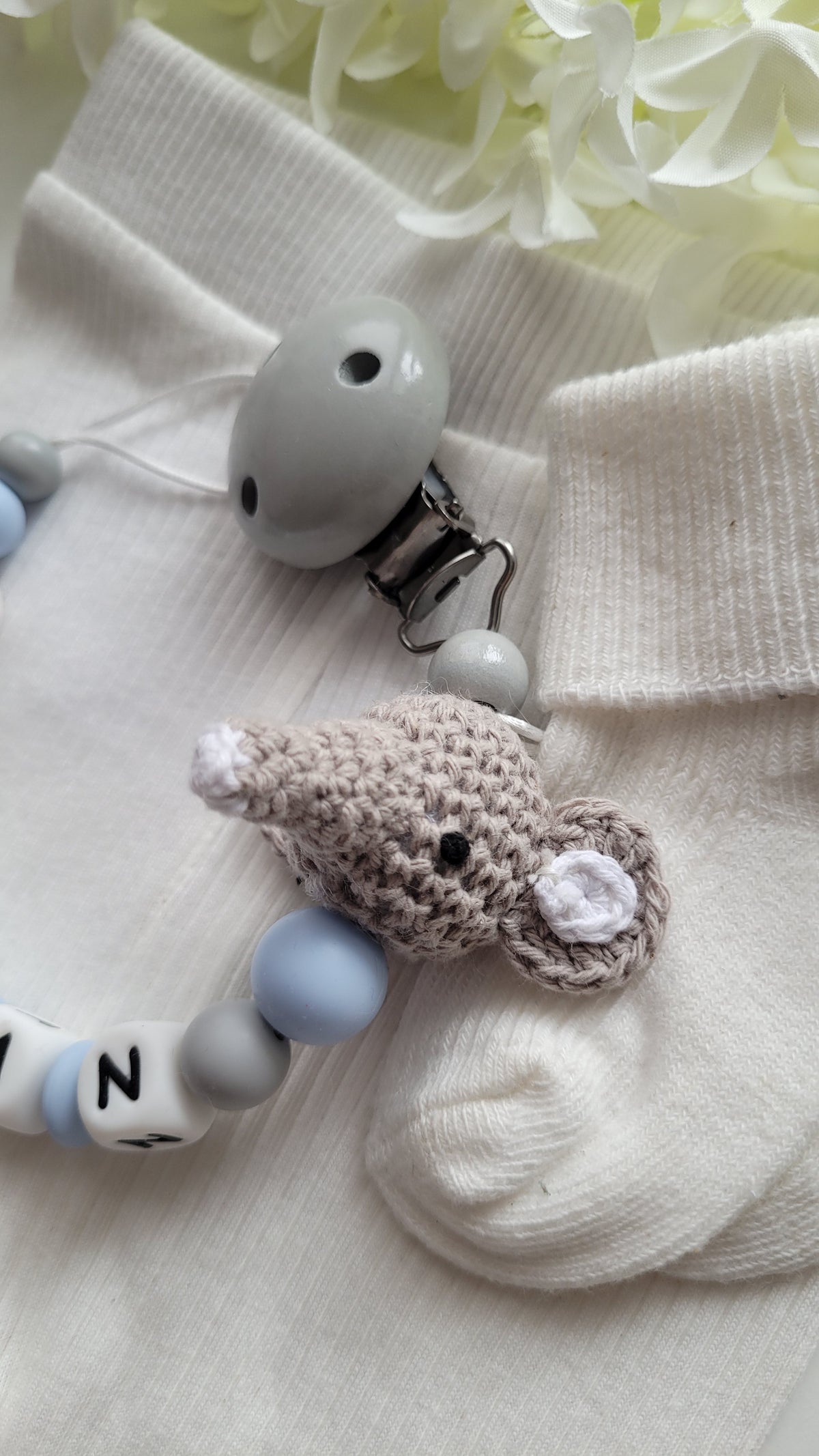 Schnullerkette mit Namen Jungen Elefant gehäkelt blau grau | personalisiert