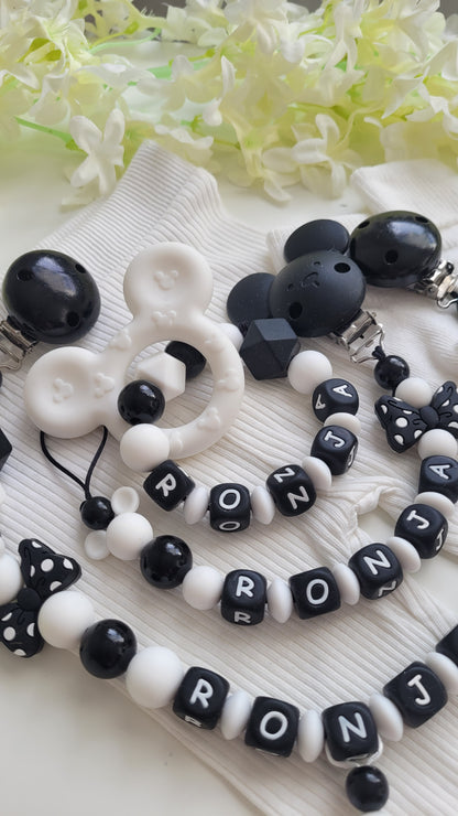 Komplett Set 3tlg Schnullerkette Kinderwagenkette Greifring mit Namen Maus schwarz weiß