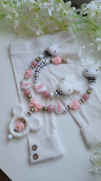 Kinderwagenkette & Schnullerkette *Schwan Prinzessin* rose apricot gold