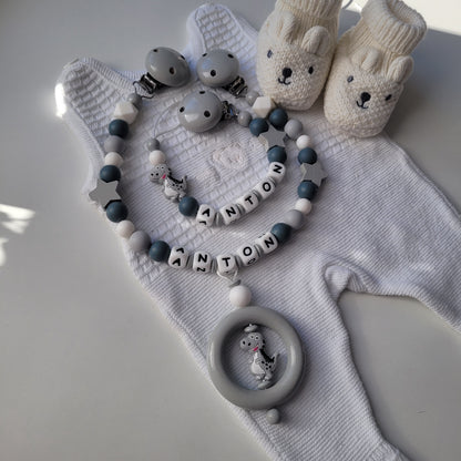 Kinderwagenkette & Schnullerkette mit Namen für Jungen Dinosaurier grau