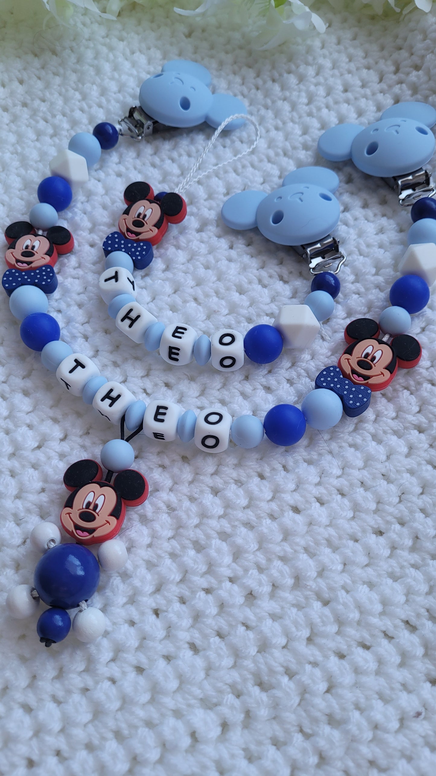 Kinderwagenkette & Schnullerkette mit Namen Maus blau