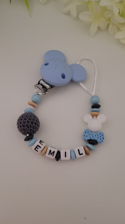 Kinderwagenkette & Schnullerkette dunkelgrau blau Maus Spielringe