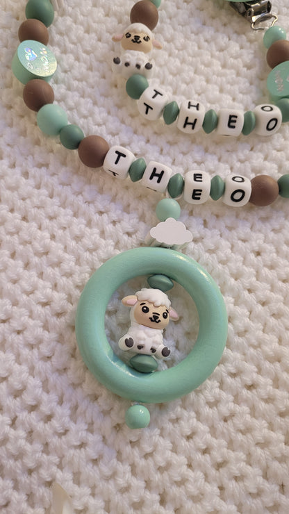 Kinderwagenkette & Schnullerkette Set Baby Schäfchen für Jungen braun mint grün