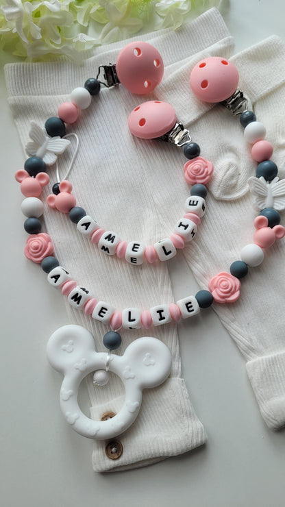 Kinderwagenkette & Schnullerkette Maus apricot grau