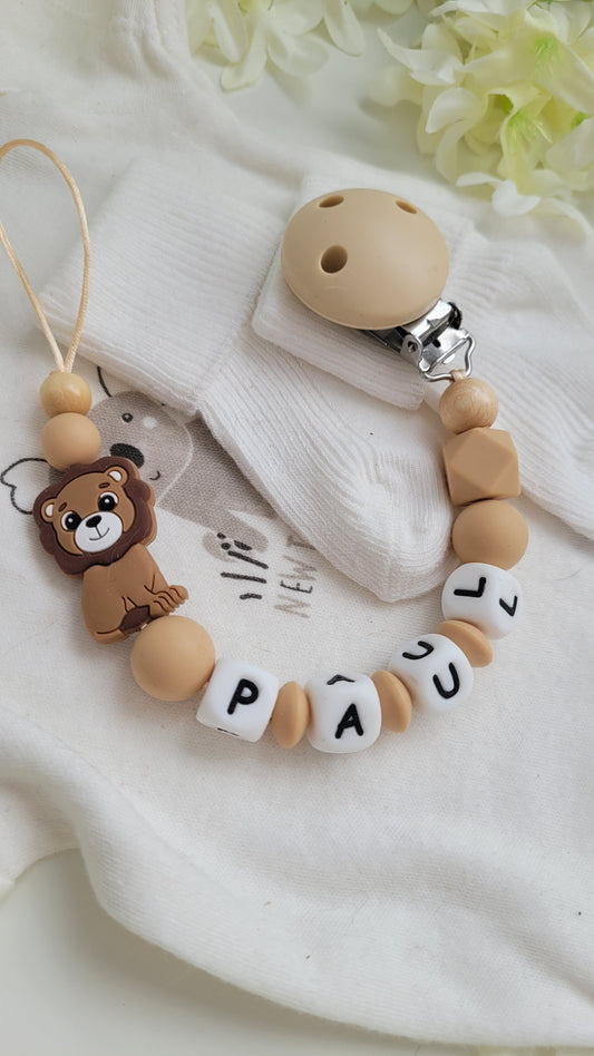 Schnullerkette mit Namen für Jungen Löwe  beige