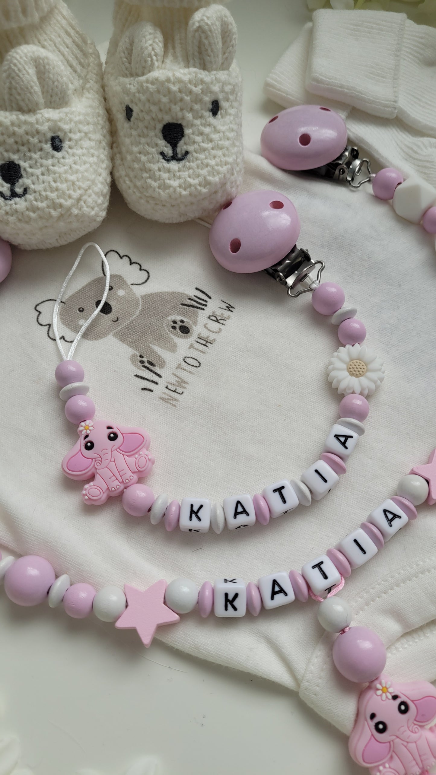 Kinderwagenkette & Schnullerkette für Mädchen rosa weiss Set Elefant Töröö...