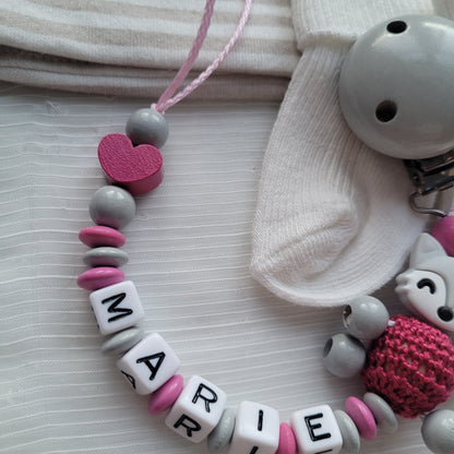 Schnullerkette mit Namen für Mädchen Fuchs & Herz pink grau