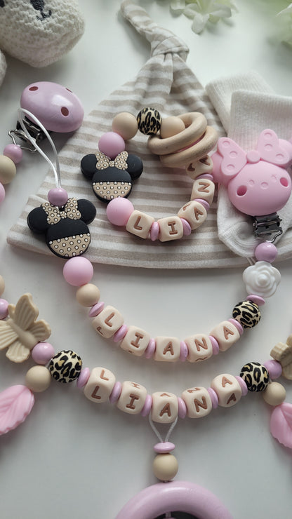 3er Set Schnullerkette Kinderwagenkette & Beissring mit Namen Mäuse & Schmetterlinge beige weiss rosa