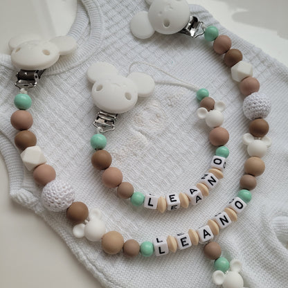 Kinderwagenkette & Schnullerkette mit Namen *Maus* beige weiss mint