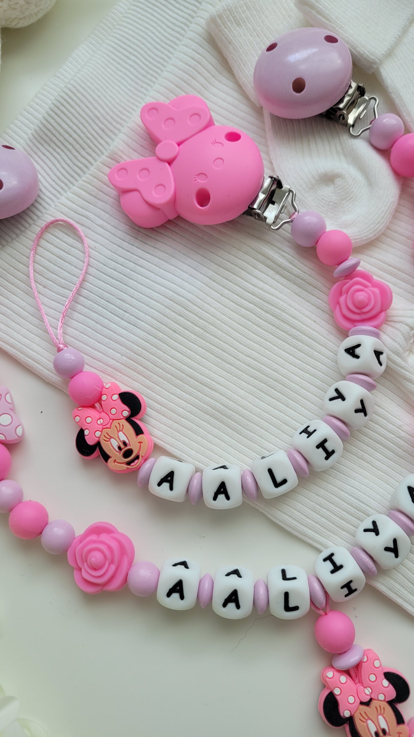 Kinderwagenkette & Schnullerkette mit Namen *Maus* pink rosa