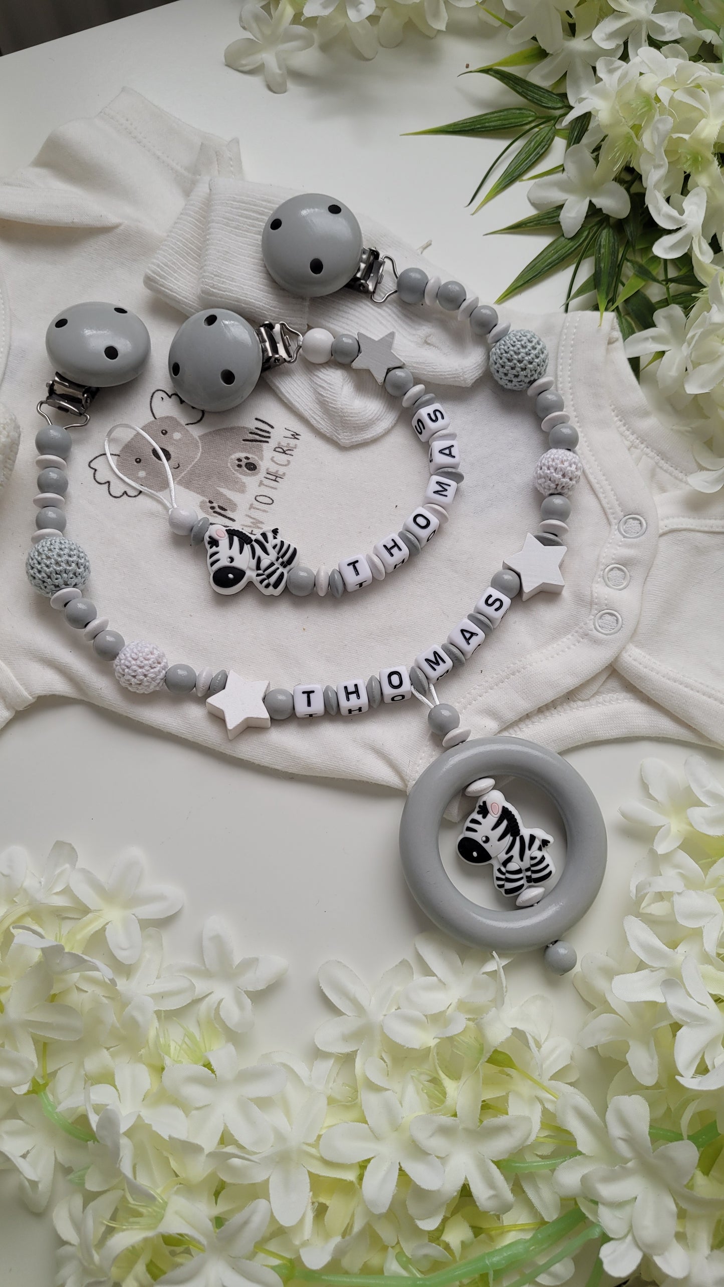 Kinderwagenkette & Schnullerkette Set Zebra grau weiss