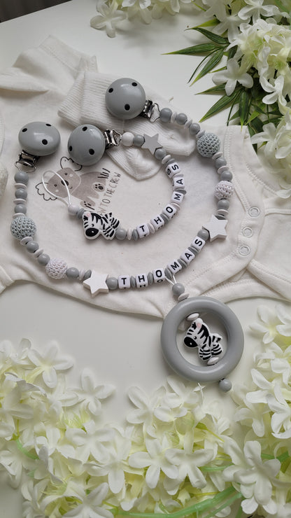 Kinderwagenkette & Schnullerkette Set Zebra grau weiss
