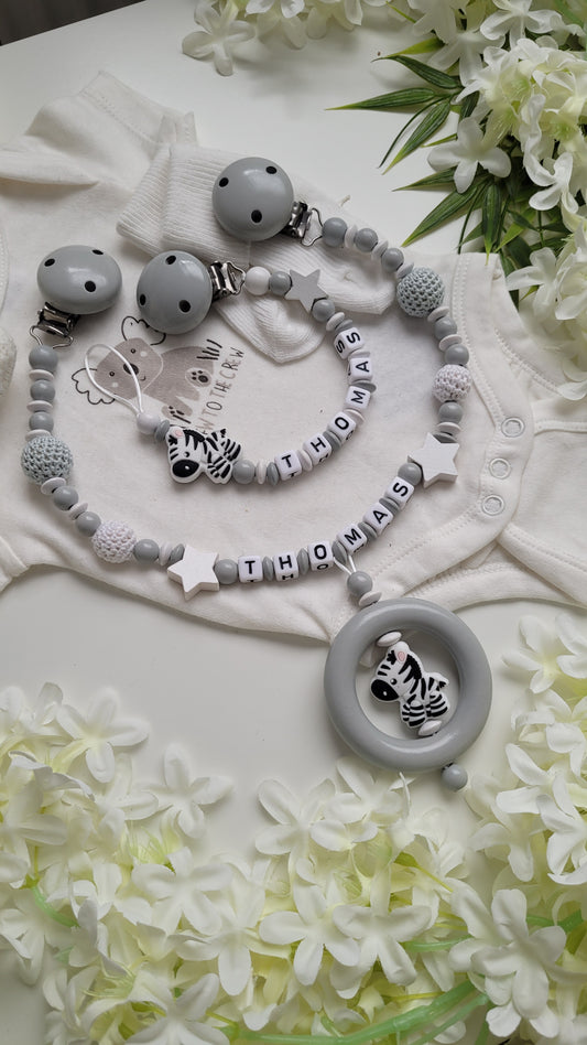 Kinderwagenkette & Schnullerkette Set Zebra grau weiss