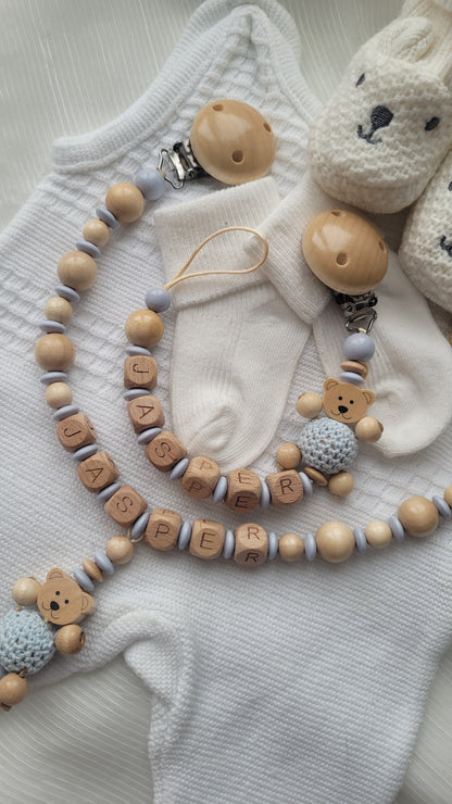 Kinderwagenkette & Schnullerkette mit Namen Teddy holz blau