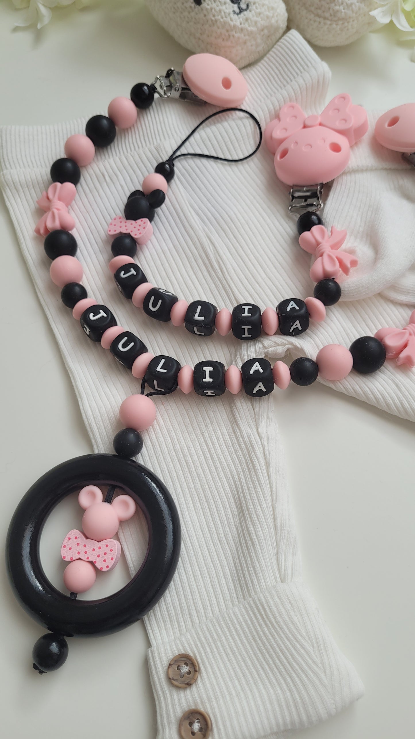 Kinderwagenkette & Schnullerkette apricot schwarz Set für Mädchen