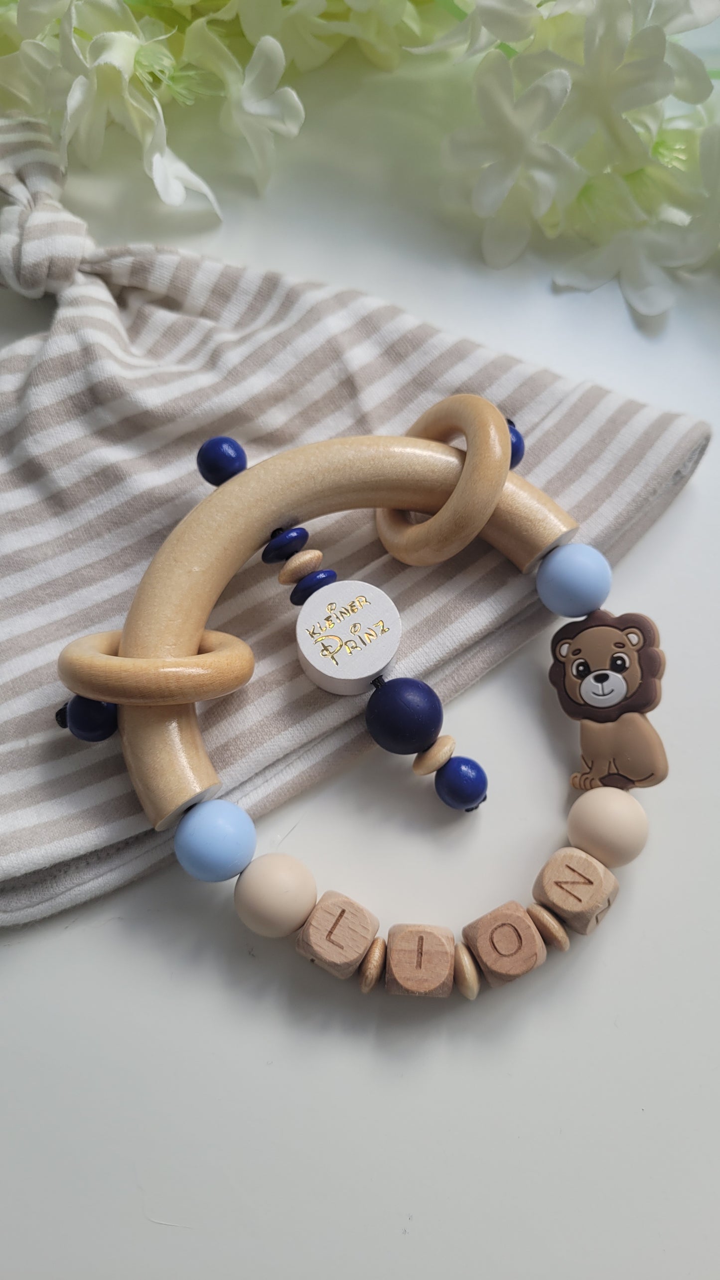 Mega 3tlg Set Schnullerkette Kinderwagenkette Greifling  Löwe blau braun