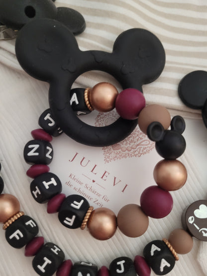 3er Set Schnullerkette, Kinderwagenkette & Mausbeißring mit Namen Roségold schwarz braun weinrot