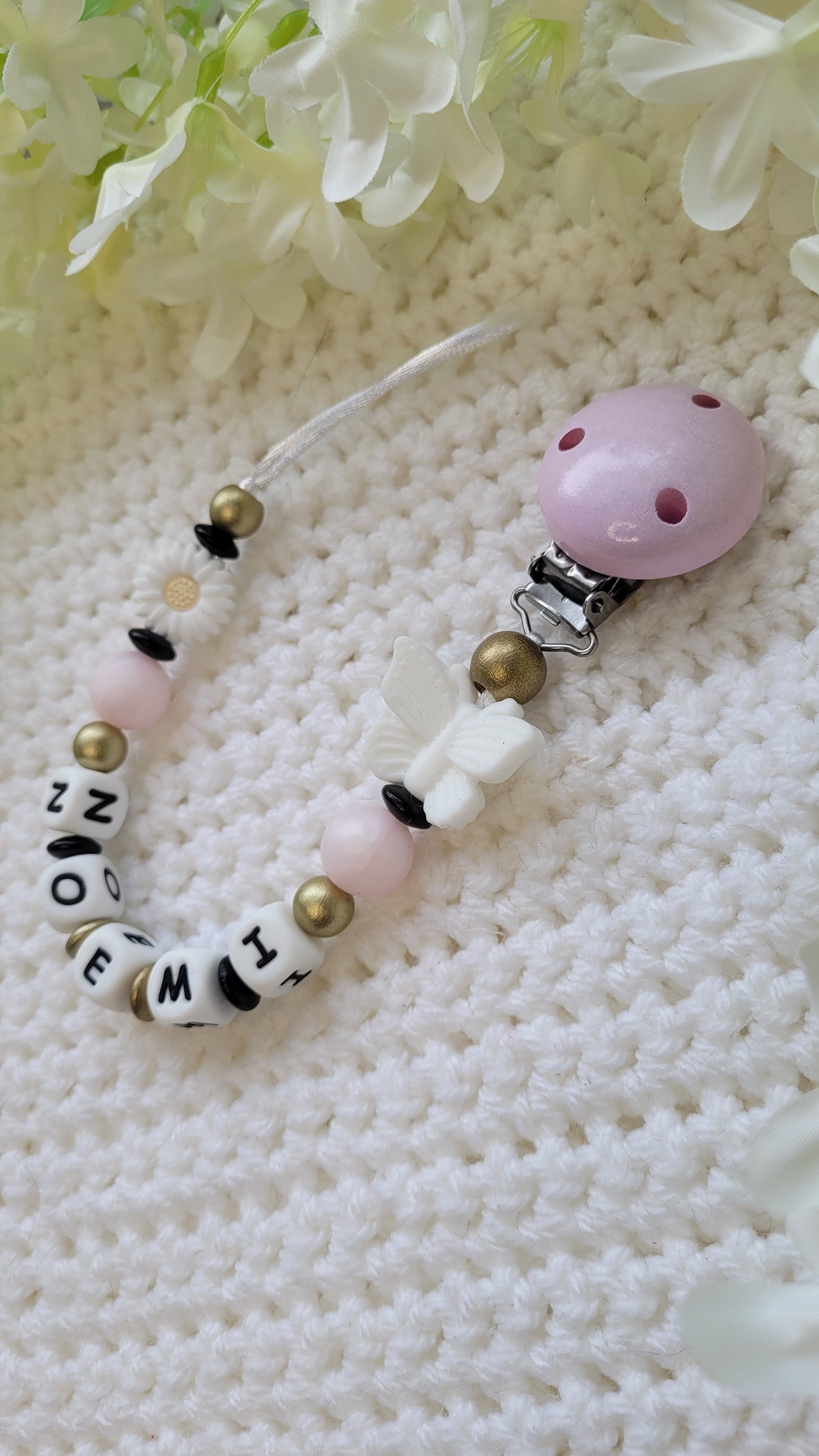 Schnullerkette mit Namen für Mädchen Schmetterling rosa schwarz gold