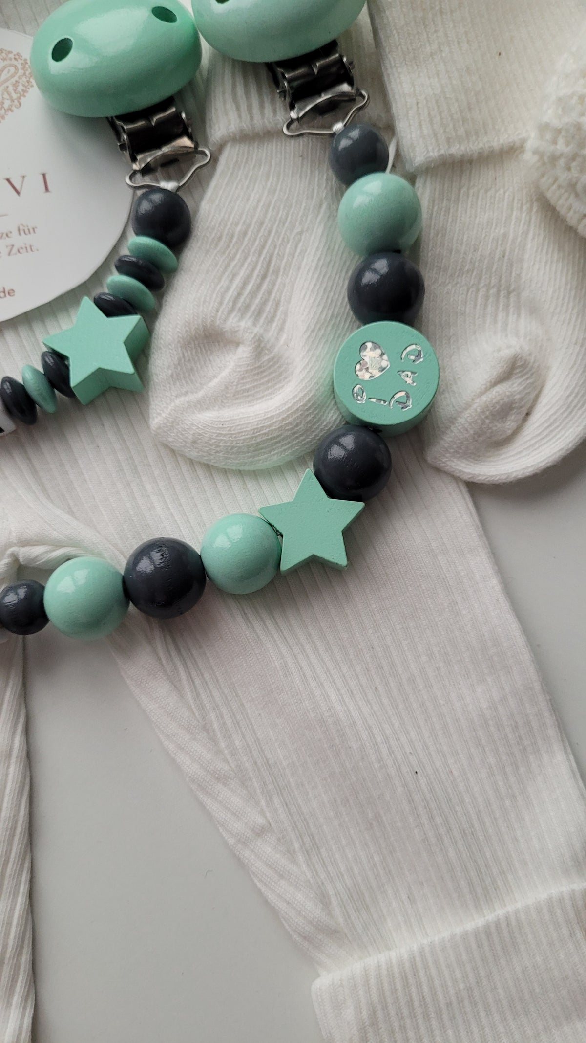 Kinderwagenkette & Schnullerkette Set mit Namen Traktor mint grau| personalisiert