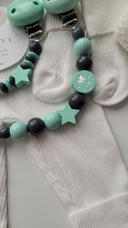 Kinderwagenkette & Schnullerkette Set mit Namen Traktor mint grau| personalisiert