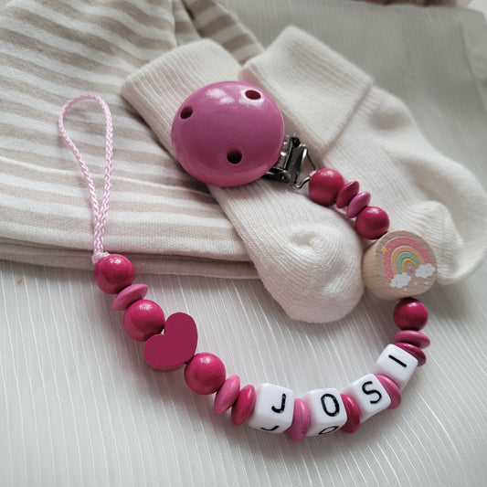 Schnullerkette mit Namen für Mädchen Herz & Regenbogen pink
