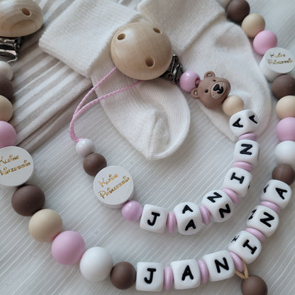 Kinderwagenkette & Schnullerkette mit Namen Bärchen & Kleine Prinzessin rosa beige braun