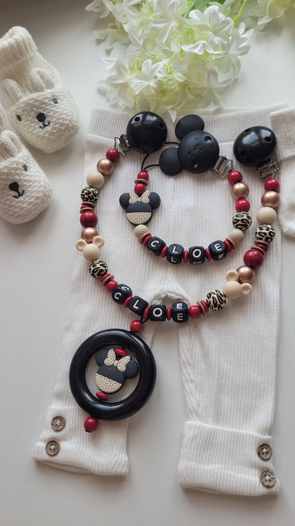 Kinderwagenkette & Schnullerkette Set mit Namen Maus Leoperlen Holzring weinrot rosegold Silikon Holz | personalisiert