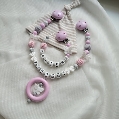 Kinderwagenkette & Schnullerkette mit Namen Mädchen Rosa grau Schmetterling